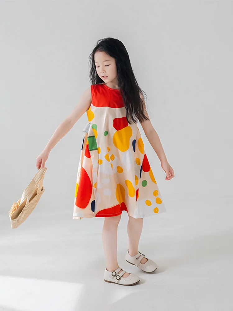 4 To 14 Years , Little Girls Print Dress Summer Cotton 2024 New Dresses Girl Sleeveless Dress For Teenage Kids Clothing A Line