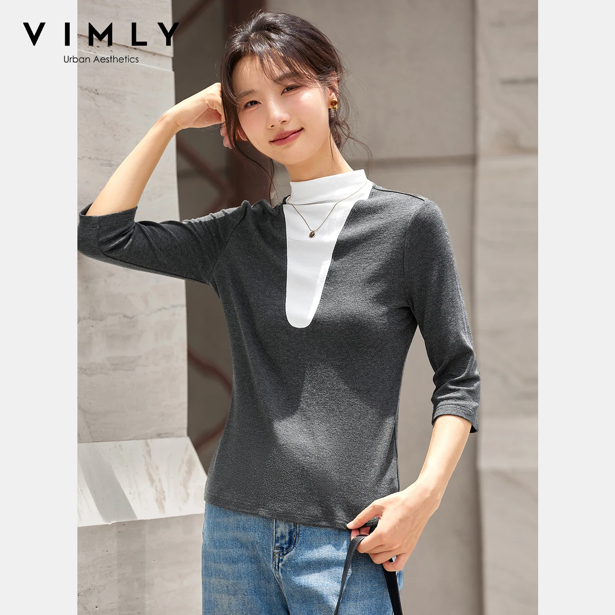 

VIMLY Patchwork 2 in 1 T-shirts 2025 Autumn Casual Three Quarter Sleeve Knit Female Tees Slim Mandarin Neck Ladies Tops A2812