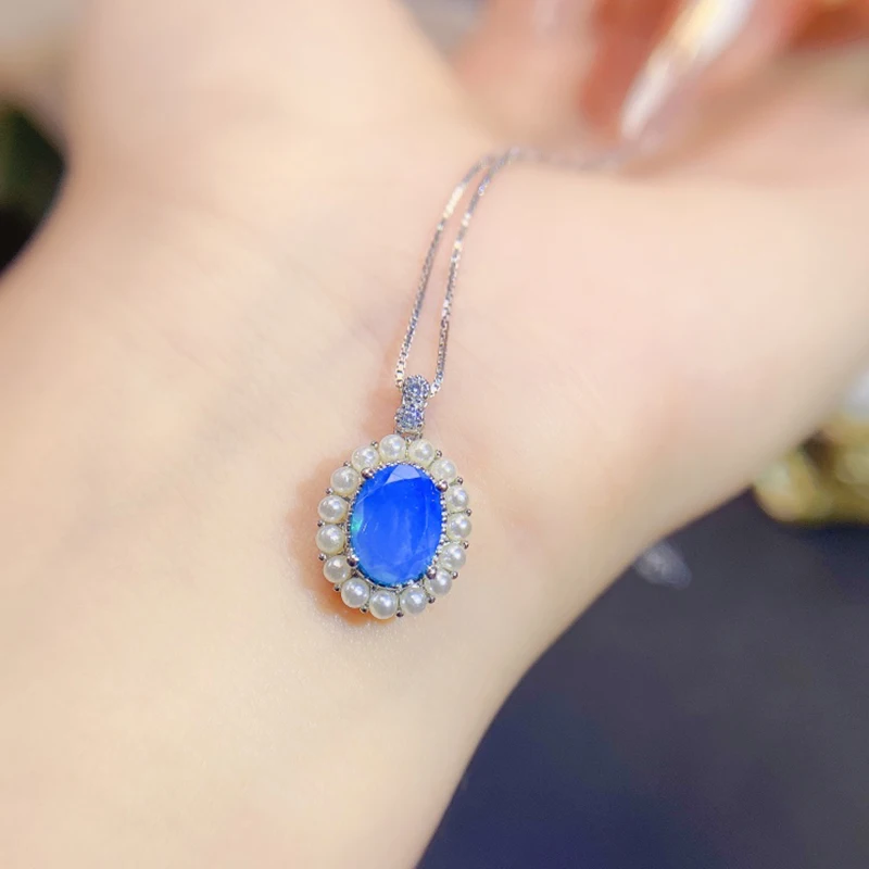 Natural blue opal pendant necklace for women silver 925 jewelry luxury gem stones 18k gold plated free shiping items