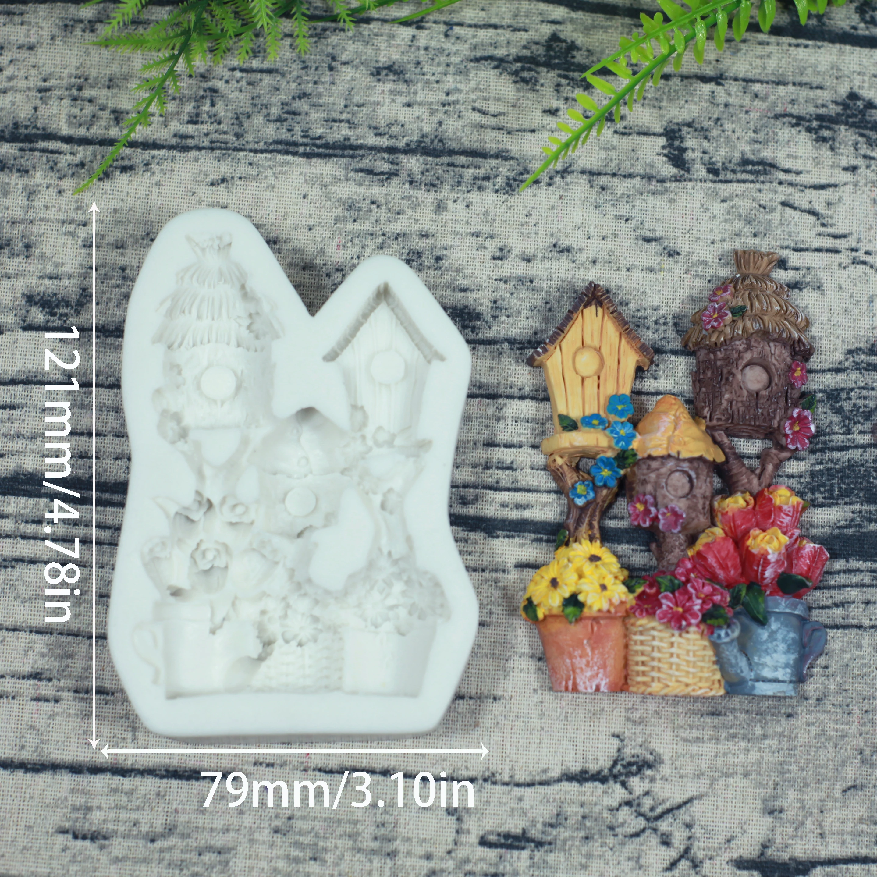 Elf Fairy Tale Gate Courtyard Wooden Flower Pot Bird House Shape Soft Sugar Silicone Mold Cake Decoration Chocolate Baking Resin