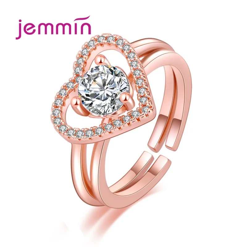 Romantic Love Heart Wedding Rings for Women Clear Zircon Opening Adjustable 2 PCS Rings Set Bride Jewelry Wholesale Gift