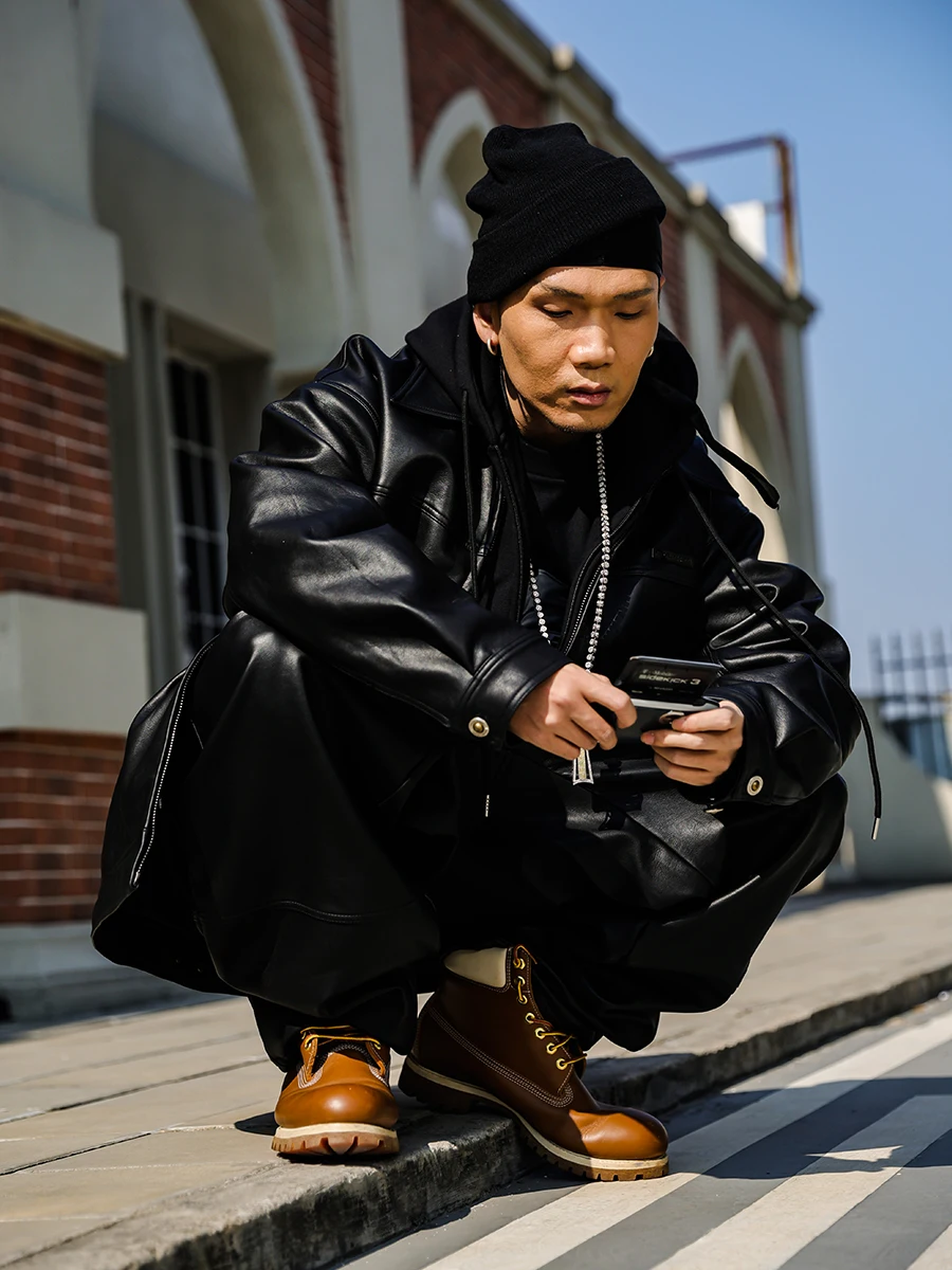 ACUSA American Street Style Heavyweight PU Leather Jacket Zipper Jacket Retro Patchwork Oversize Wide Collar Men's Coat