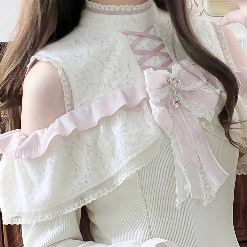 Japanese Elegant Sweet Stand Collar Off-shoulder Long Sleeve Lace Splicing Bow High Waist Slim A-line White Short Dress Women