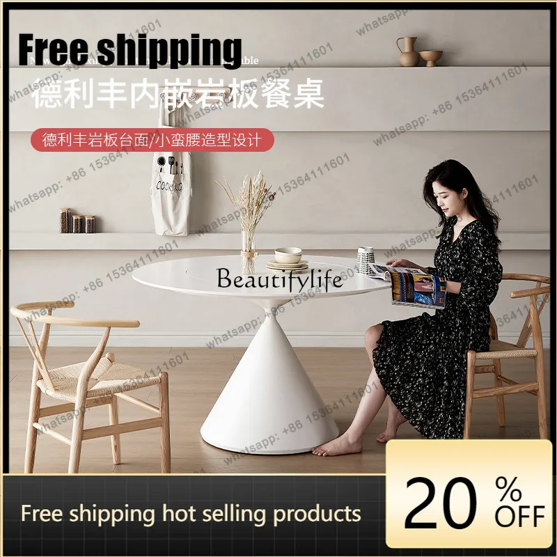 HJ Deli Feng rock slab dining table French cream pure white round rock slab round table