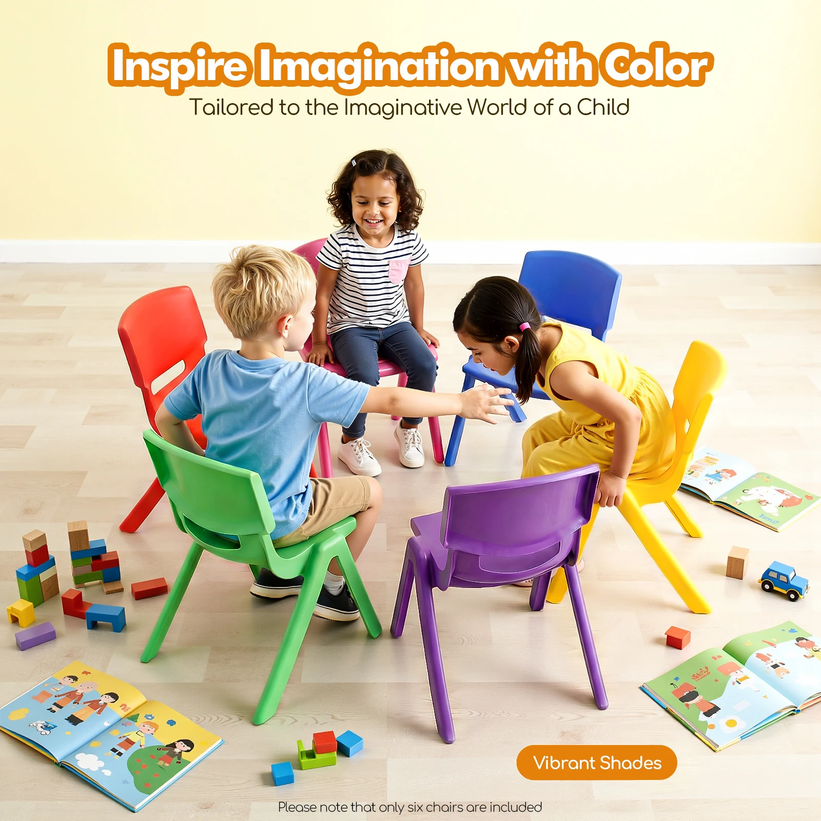 

6 Pcs Modern L-Shaped Stackable School Chairs, 6 Pcs Kids Plastic Stack Chairs Multiple Colors (Yellow, Blue, Pink, Purple, Red, Green)