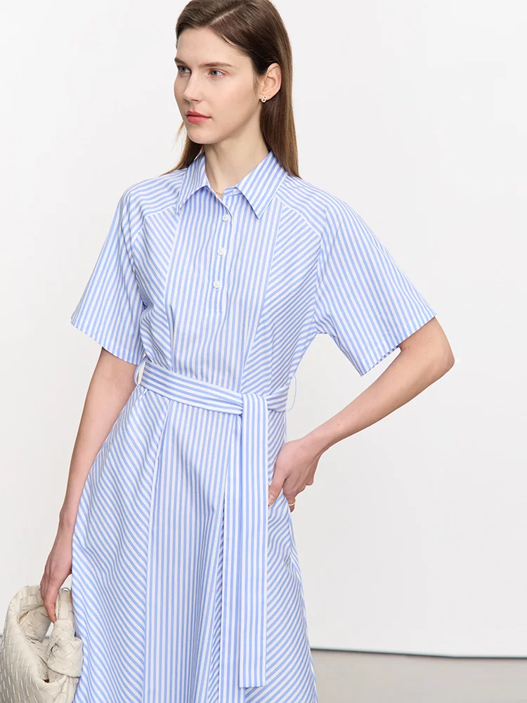 AMII Minimalism Women\'s Dress with Belt Art Loose Stripe 2023 Summer 100% Cotton Office Lady Polo Neck Female Vestidos 12352047