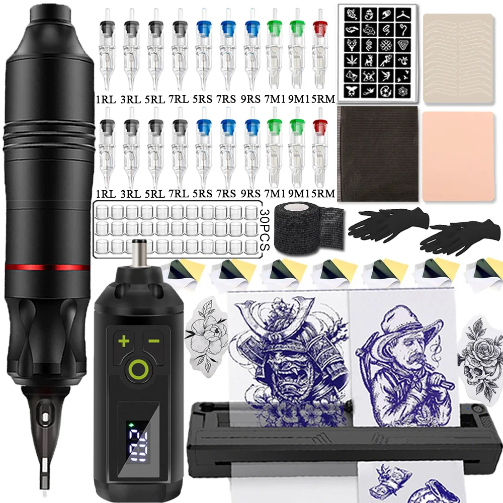 Wireless Tattoo Machine Kit with Tattoo Printer Rotary Tattoo Machine Set with Cartridge Needle for Beginners Artists Tattoo Kit