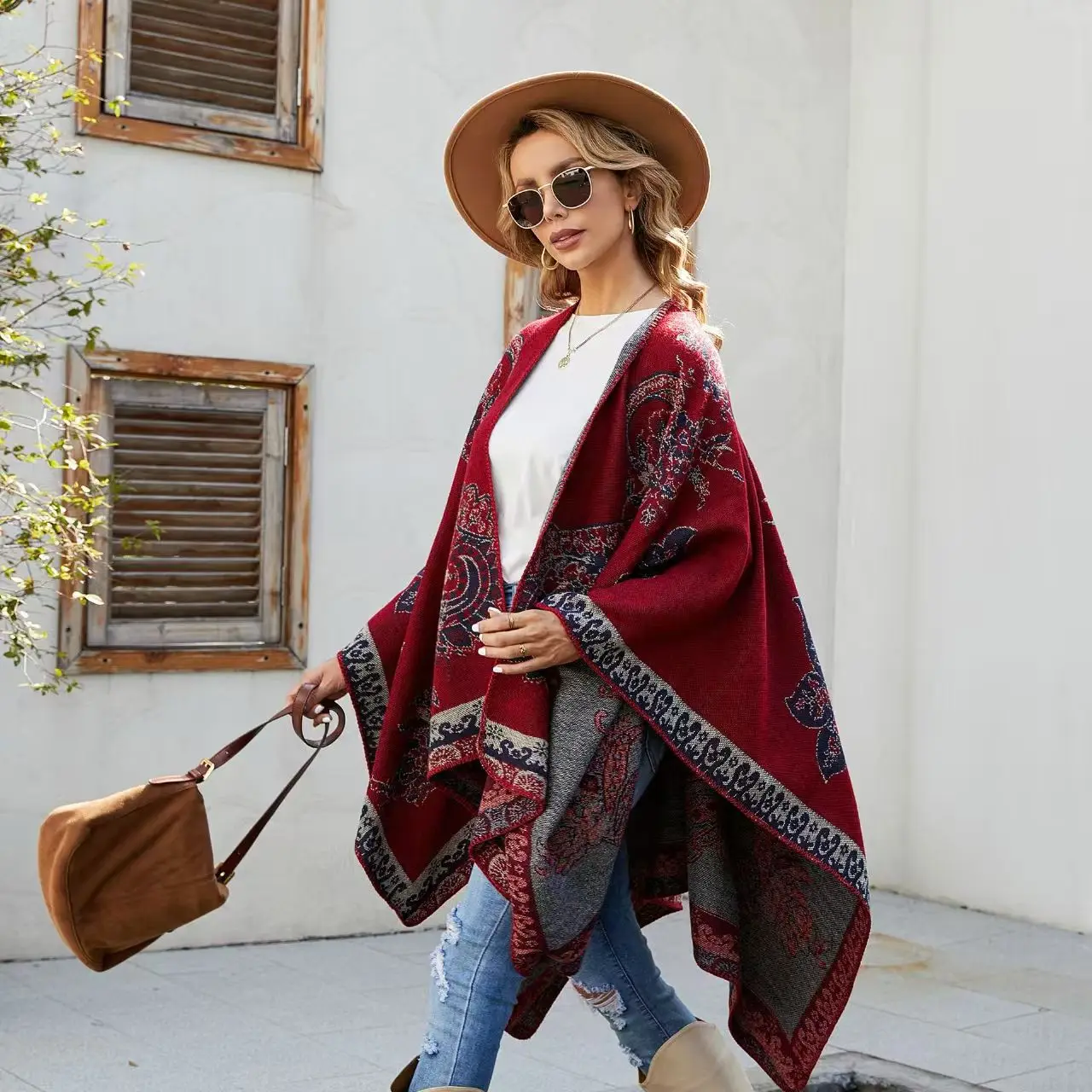 Patterned Faux Cashmere Warm Shawl Cape for Women, Red Autumn and Winter New Street Geometric Plaid Scarf.