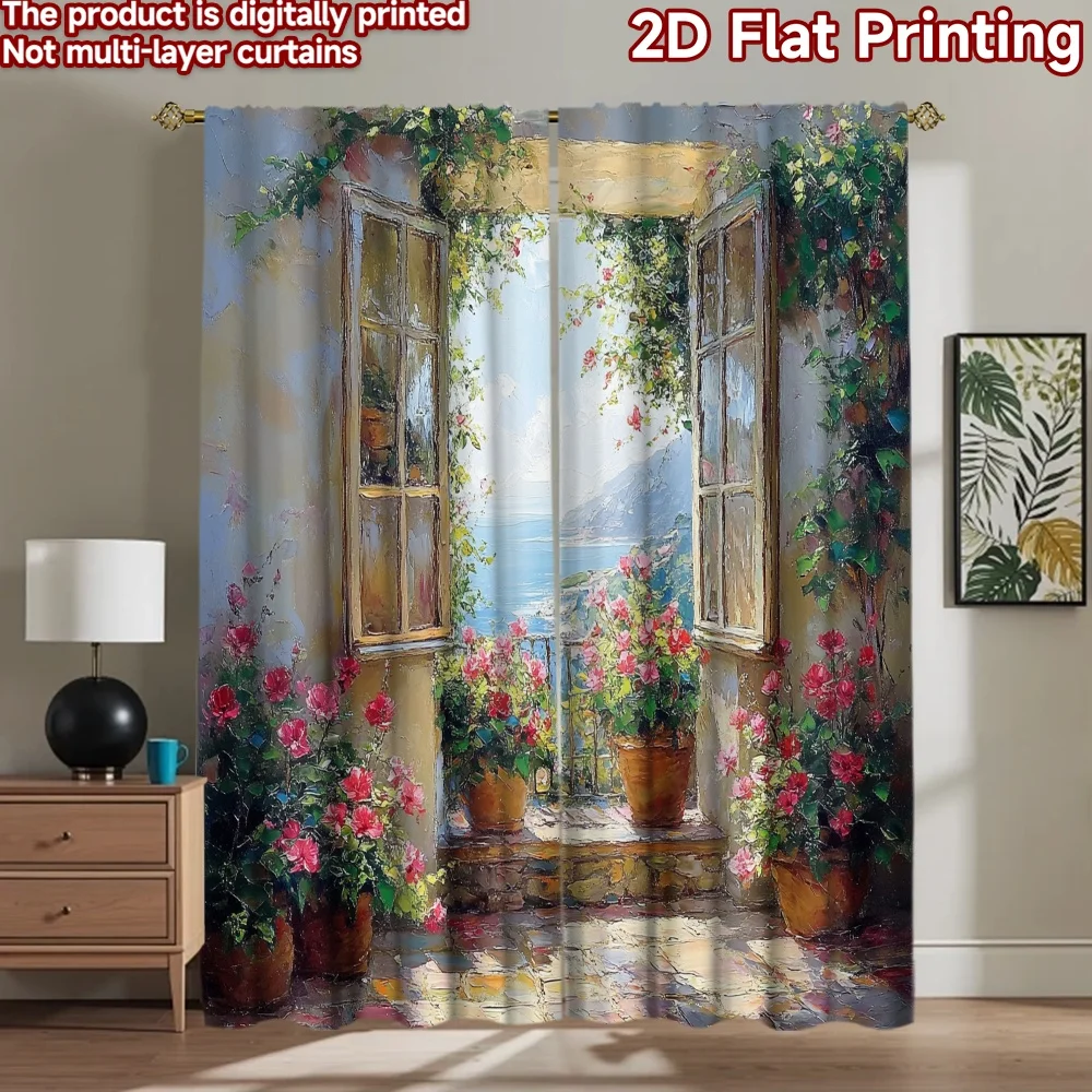 2D flat 2pcs Curtain French Romantic Style Open Sea View Digitally printed polyester Family Party Decoration for Booths Studio