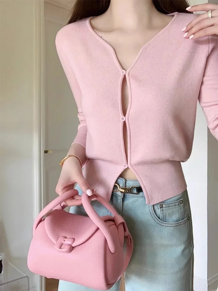 

Pink V-Neck Knitted Cardigan Women's Summer Thin Waist-Cinching Short Outerwear Fashionable Sun Protection Light Weight Top