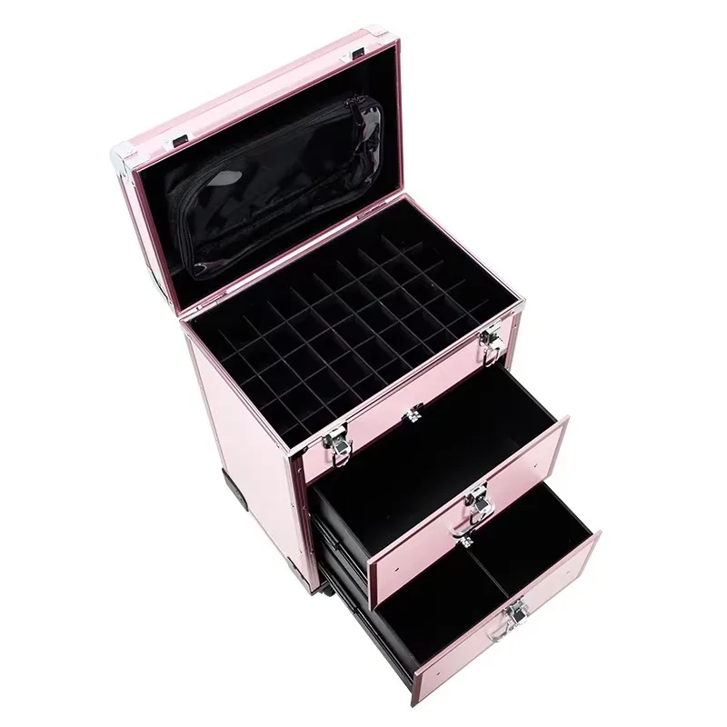 Custodia per trucco con ruota universale staccabile alla moda calda Cassetta degli attrezzi per tatuaggi per unghie di bellezza con asta di trazione personalizzata con cassetto per i viaggi