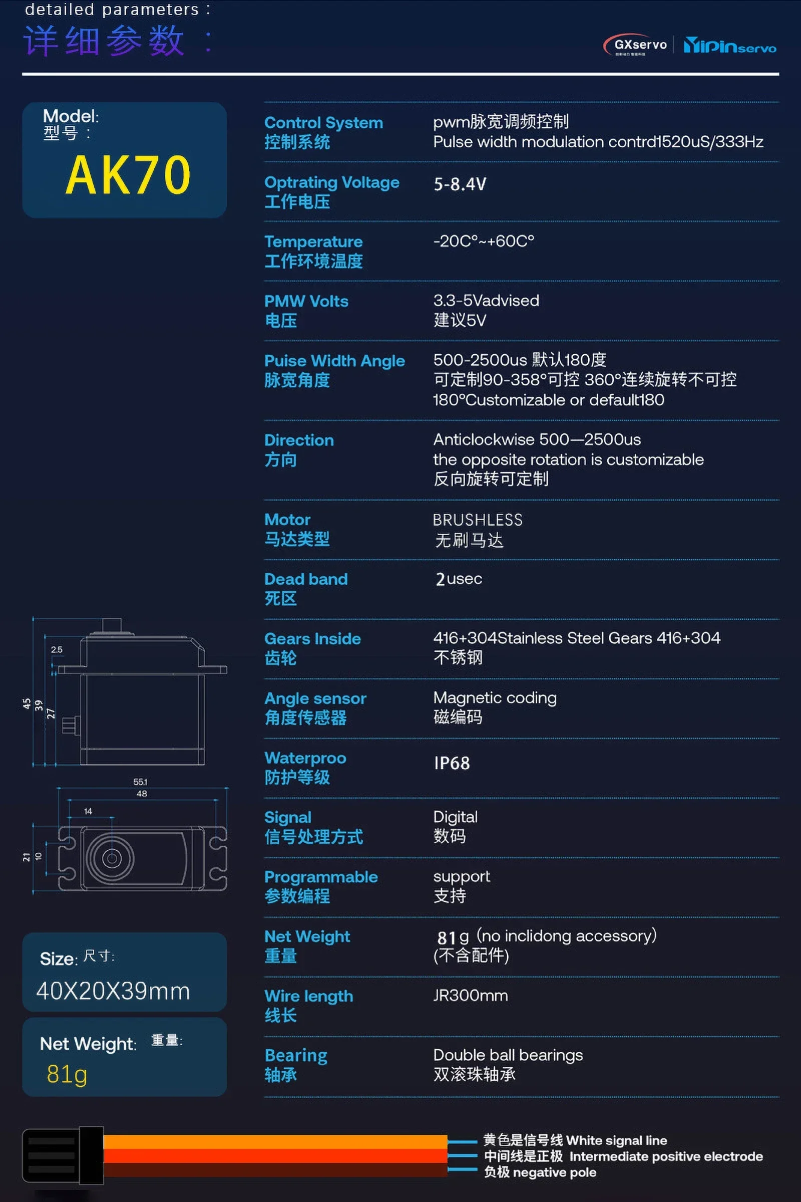 Servo digital sin escobillas profesional 70 kg de alto par 7,4 V IP68 resistente al agua con codificador magnético para vehículos RC y robótica