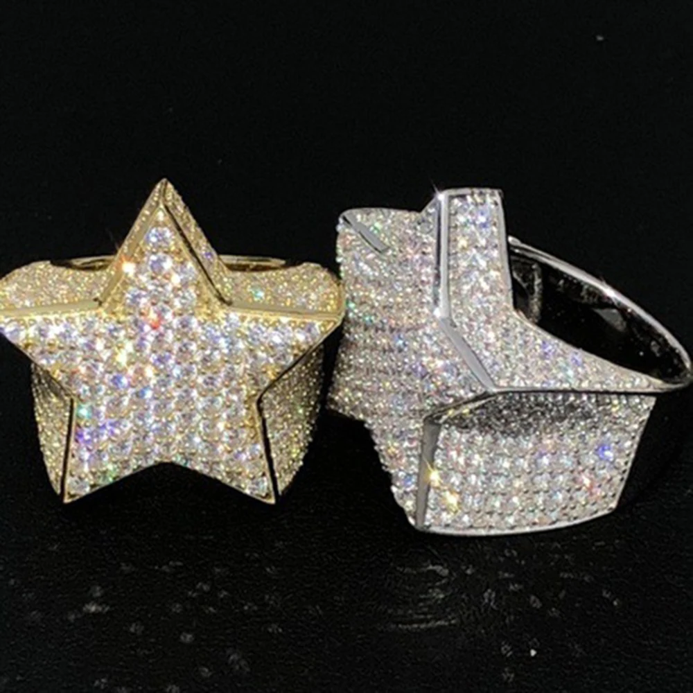 AZ Five-Star Iced Out Rings Men\'s Gold Silver Color Bling Cubic Zirconia Jewelry Ring Gifts Couple Wedding Rings Women Jewelry