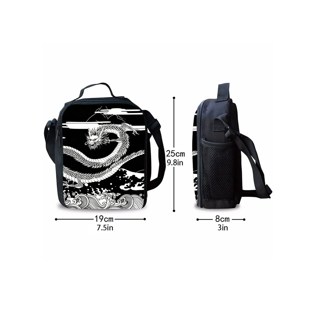 Divine Dragon Print Shoulder Strap Insulated Lunch Bags 2D Cartoon Boy/Girls Picnic Food Preservation Lunch Box Bag Thermal