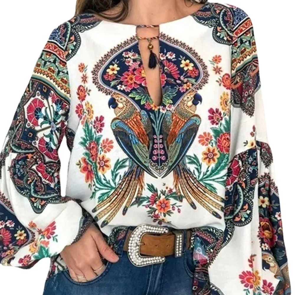 

Women's Floral Print Blouse Boho Vintage Top Lantern Sleeve Tassel Detail Casual Shirt Loose Fit Streetwear Korean Style Fashion