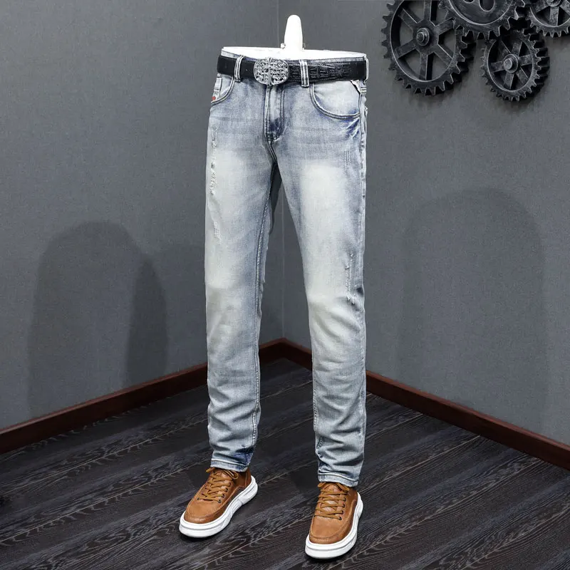 Italian Style Fashion Men Jeans Retro Light Blue Stretch Slim Fit Ripped Jeans Men Embroidery Designer Vintage Denim Pants