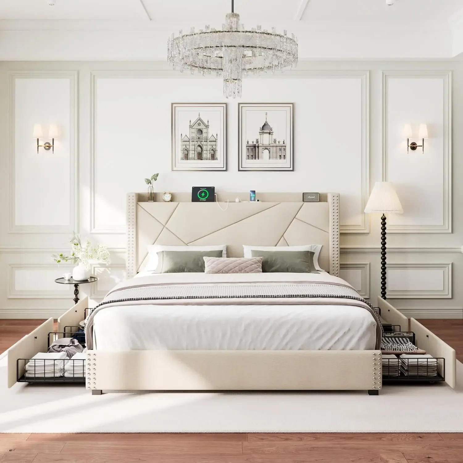 

Full Storage Bed Frame with 4 Drawers, Upholstered Bed Frame with Minimalist Wingback Headboard