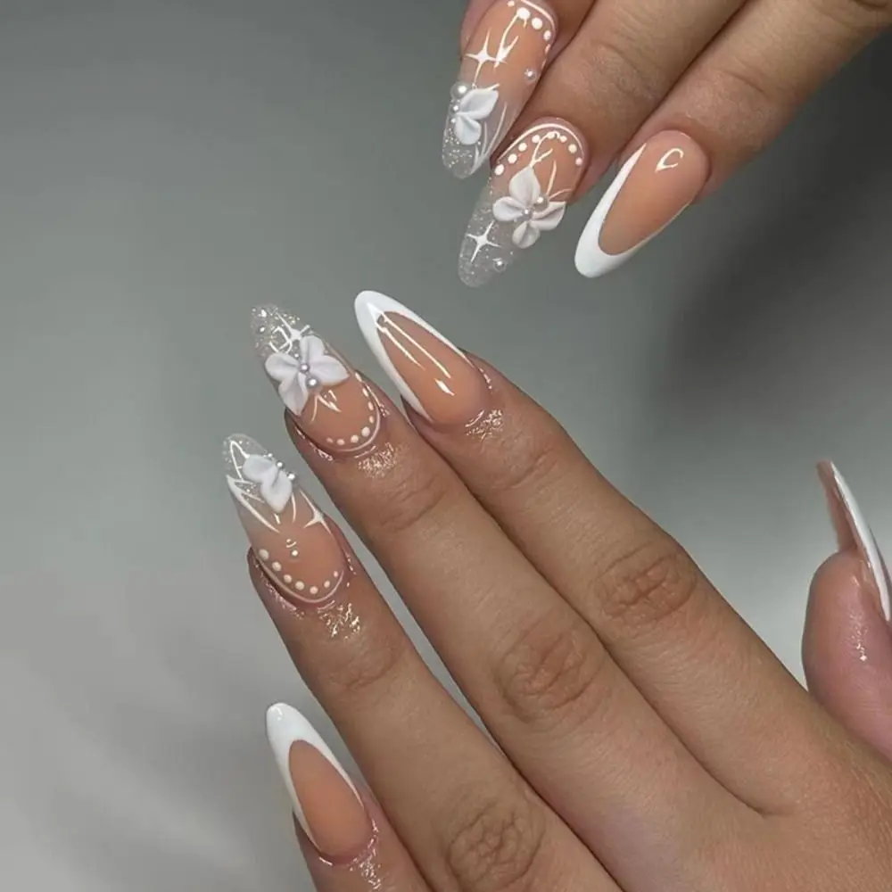 Full Cover Color Gradation Almond False Nail Aurora Rhinestones Fake Nails Golden Line Mid-length Detachable Press on Nails