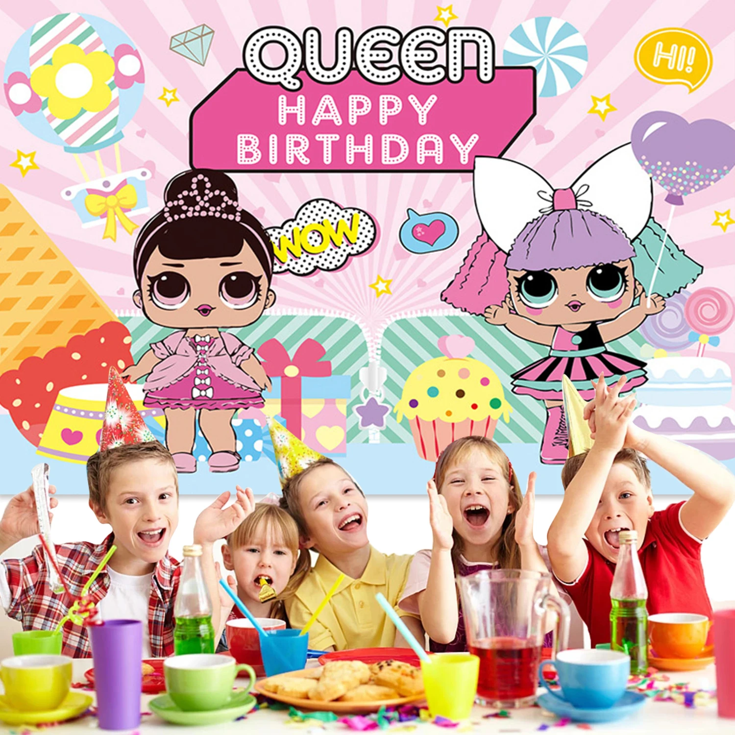 Cute Doll Theme Background Cartoon Party Decoration Disposable Dishes Cups Pink Cake Topper Girl Birthday Banner Mask Baby Prop