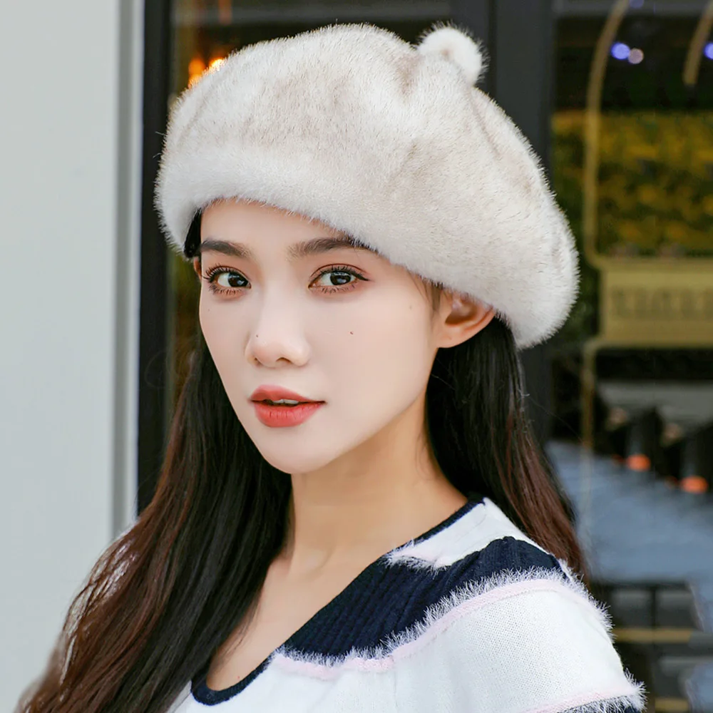 2949 Women\'s Fur Hat Beret Hat For Winter With Knitted Real Mink Fur French Real Mink Fur Berets Elegant Women main image 3