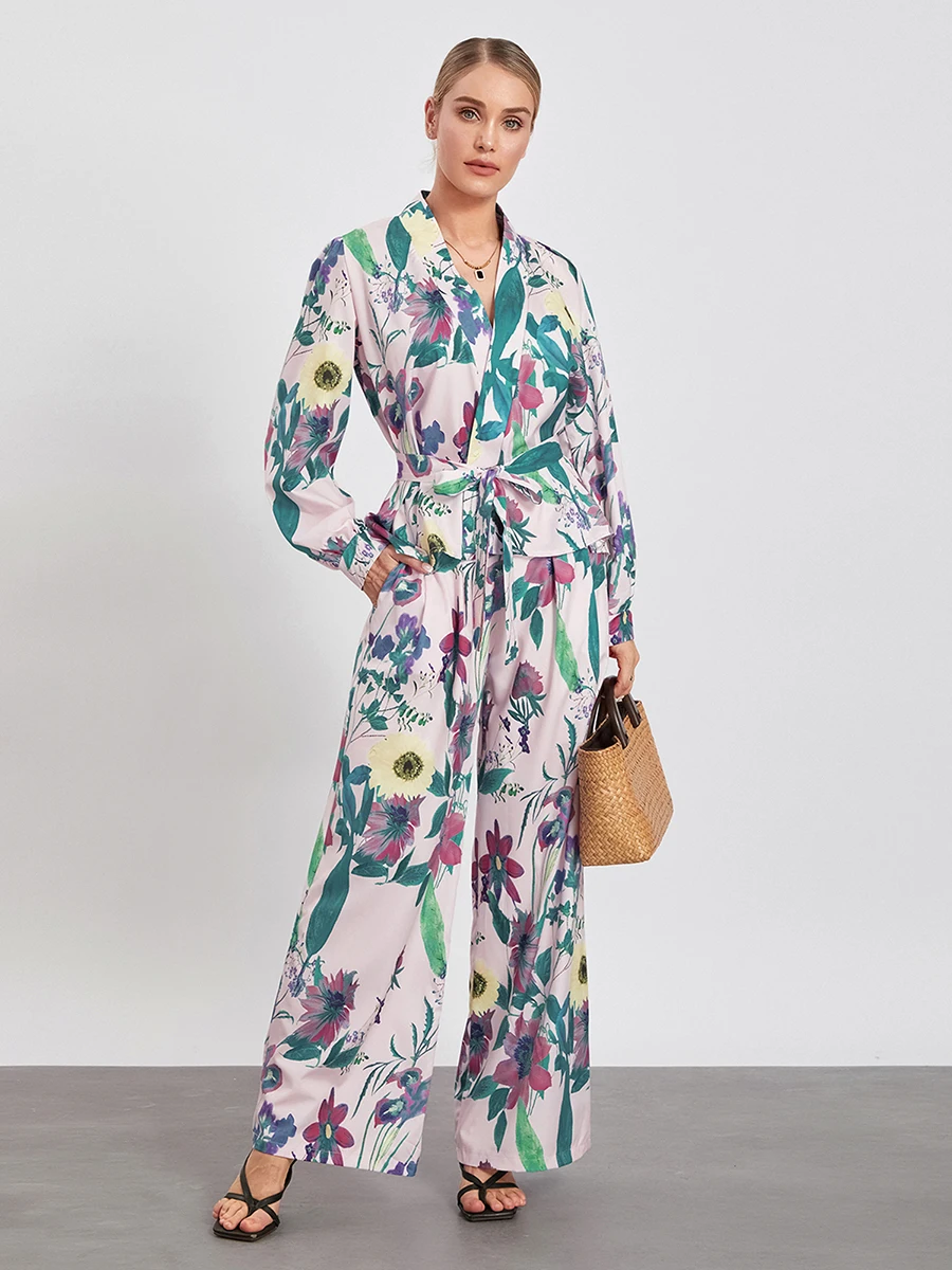 ชุดเสื้อผ้า2ชิ้นสำหรับผู้หญิงชุดเสื้อผ้า2ชิ้นเสื้อแขนยาวคอวีแขนโคมไฟพร้อมเข็มขัดกางเกงขาม้าพาลาซโซเลานจ์