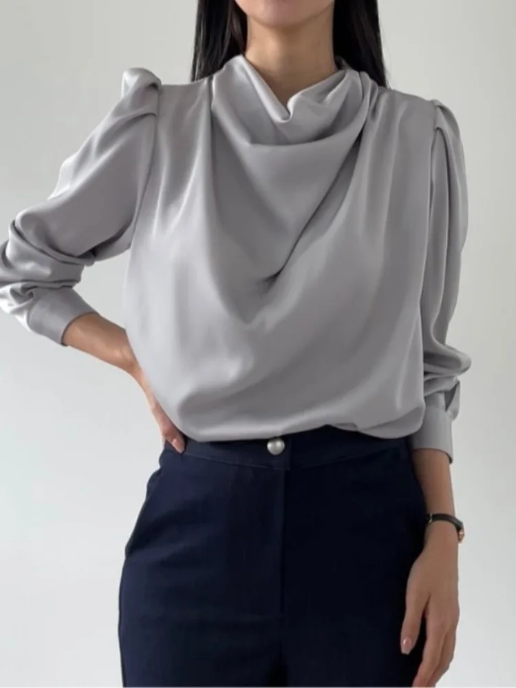 Ele Spring Bubble Sve Satin Loose Women's irt Chic Pleated Design Stand Collar Versatile Faionable Commute Sle