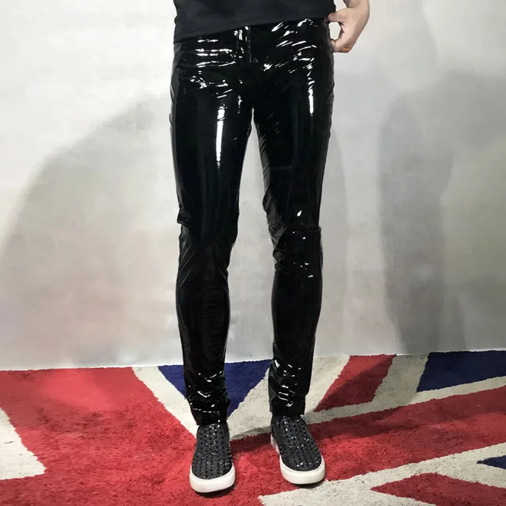 

Skinny Men Motorcycle Pants Male Fashion Hip Hop Rock Punk Slim Fit Pu Leather Trousers Stage Clothes Can Becustom