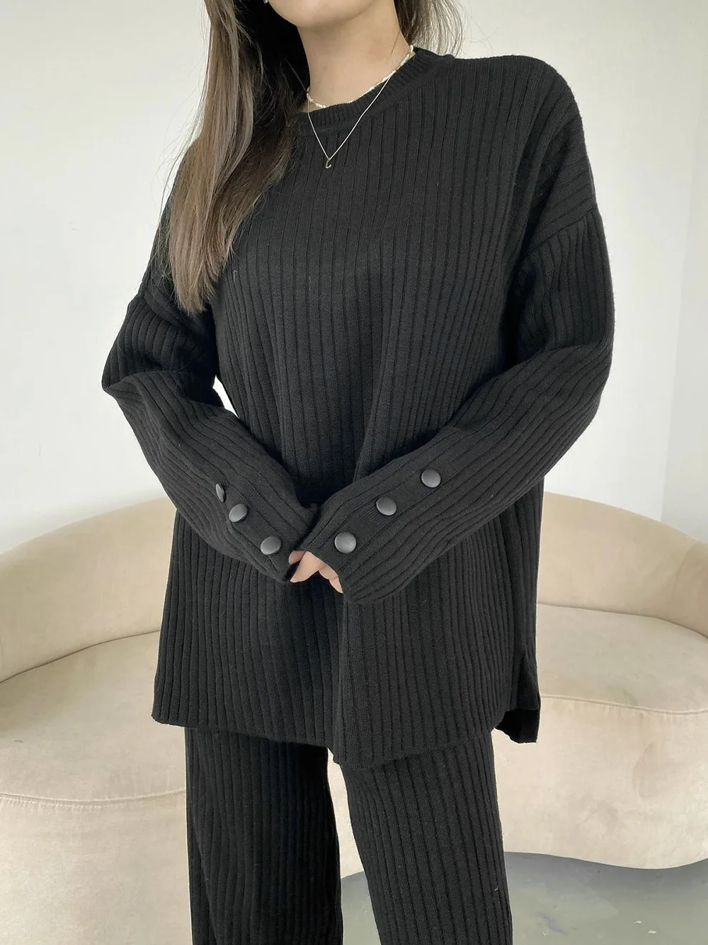 Wixra Women Knitted Suits Solid O-Neck Button Split Sweater+High Waist Straight Trousers Female Sets