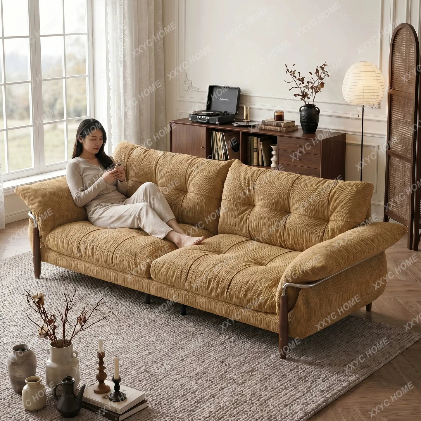 Medieval style new cloud sofa small apartment removable and washable chenille fabric sofa removable and washable cream wind