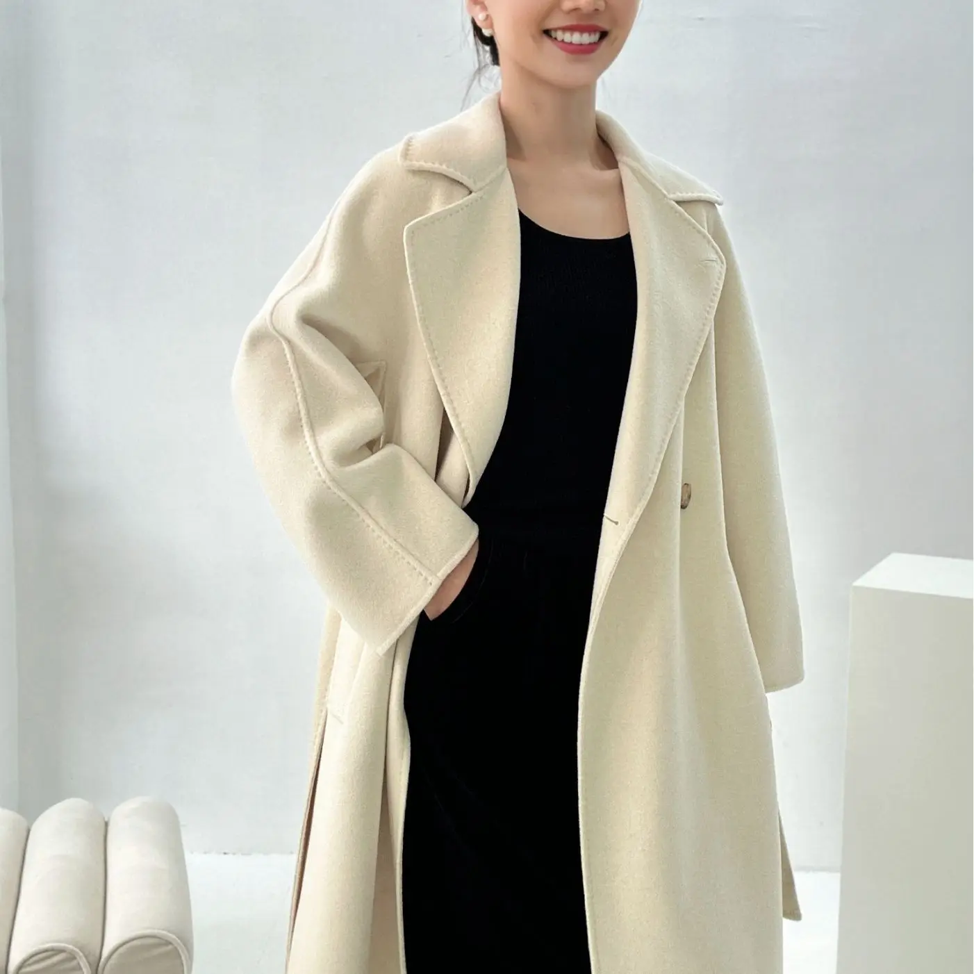 Double Sided Cashmere Jacket, Women's New Loose Version, H-Shaped Two Piece Windbreaker, Cashmere Warm Woolen Jacket