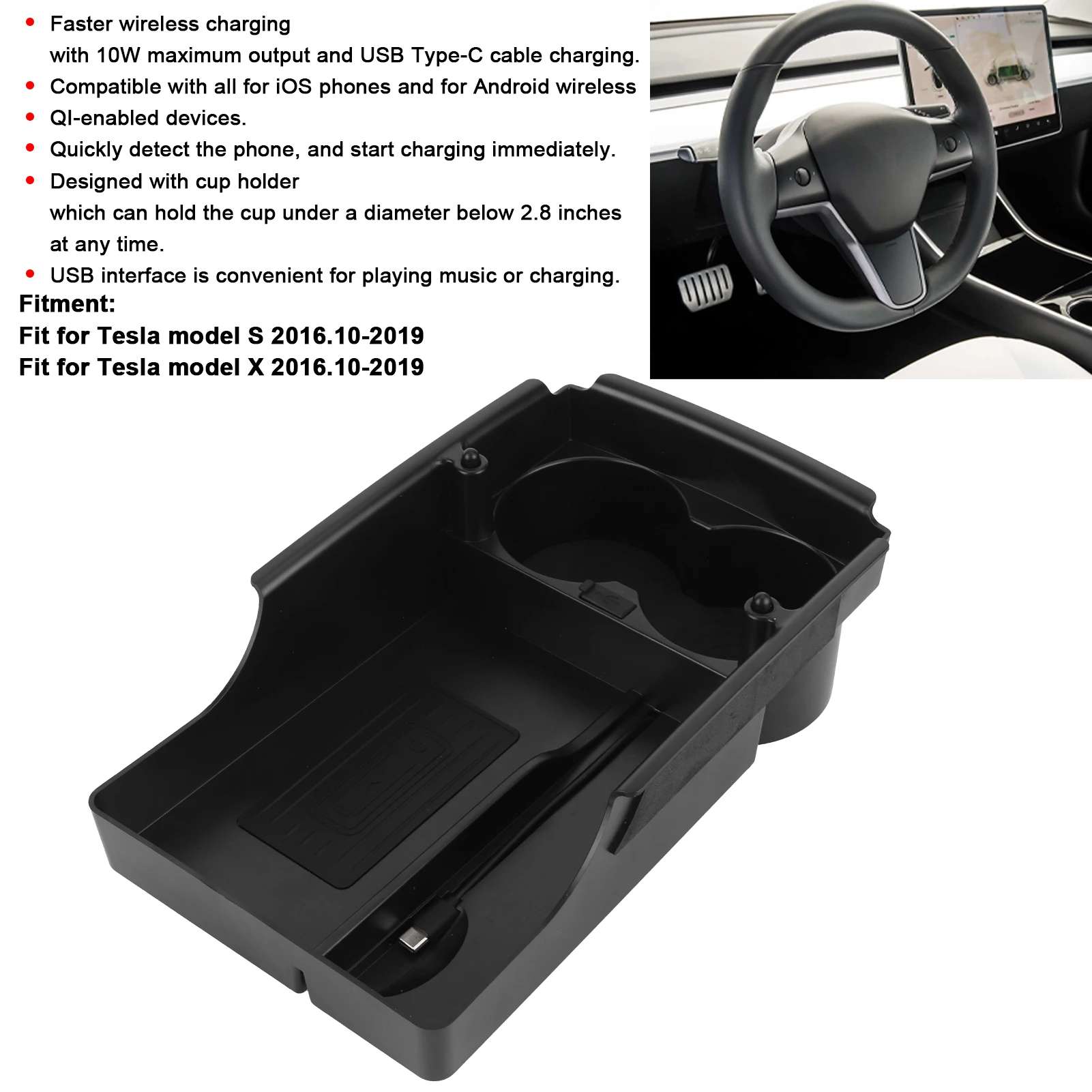 For Tesla Model S/X 2016.10-2019 Wireless Charging Pad Car Wireless Charger with Water Cup Holder Car Phone Charging Accessories