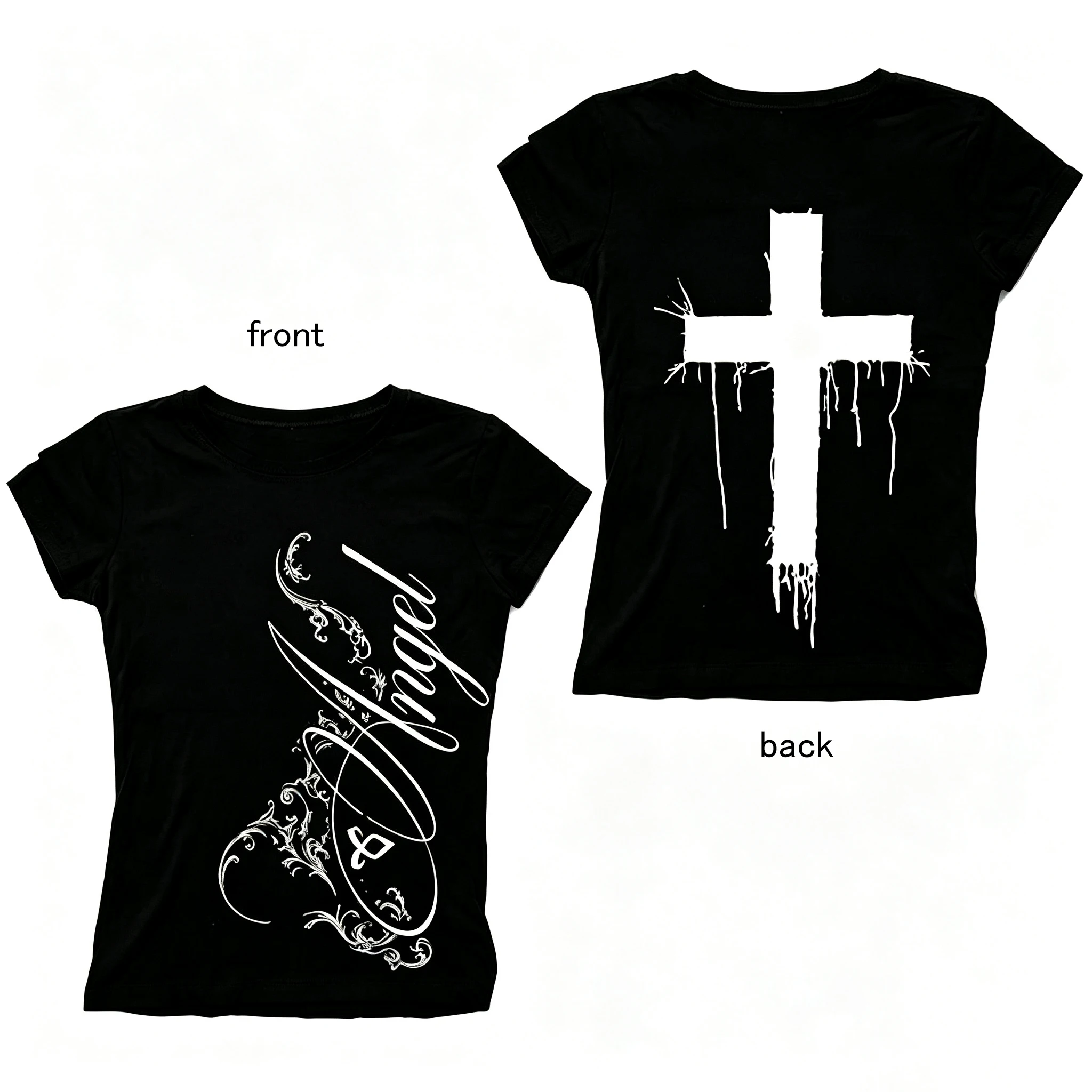 Women Y2K Gothic Angel Script Drip Cross Print Slim Short Sleeve T Shirt Grunge Aesthetic Black Crop Tee Streetwear Basic Top