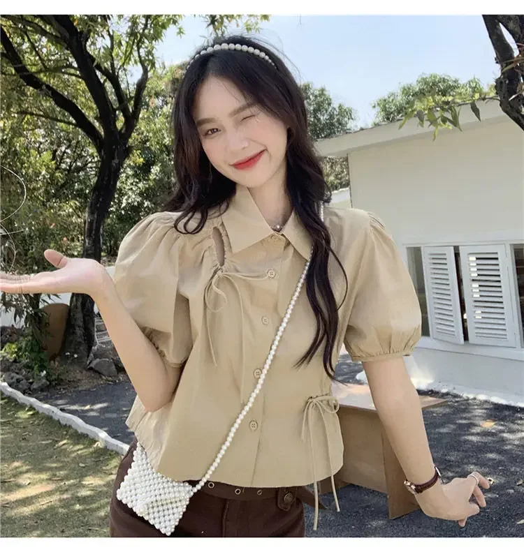 

Women Loose Puff Sleeve Shirts Y2k Clothes Korean Fashion Temperament Drawstring Blouses Tops 2023 Blusas Mujer De Moda