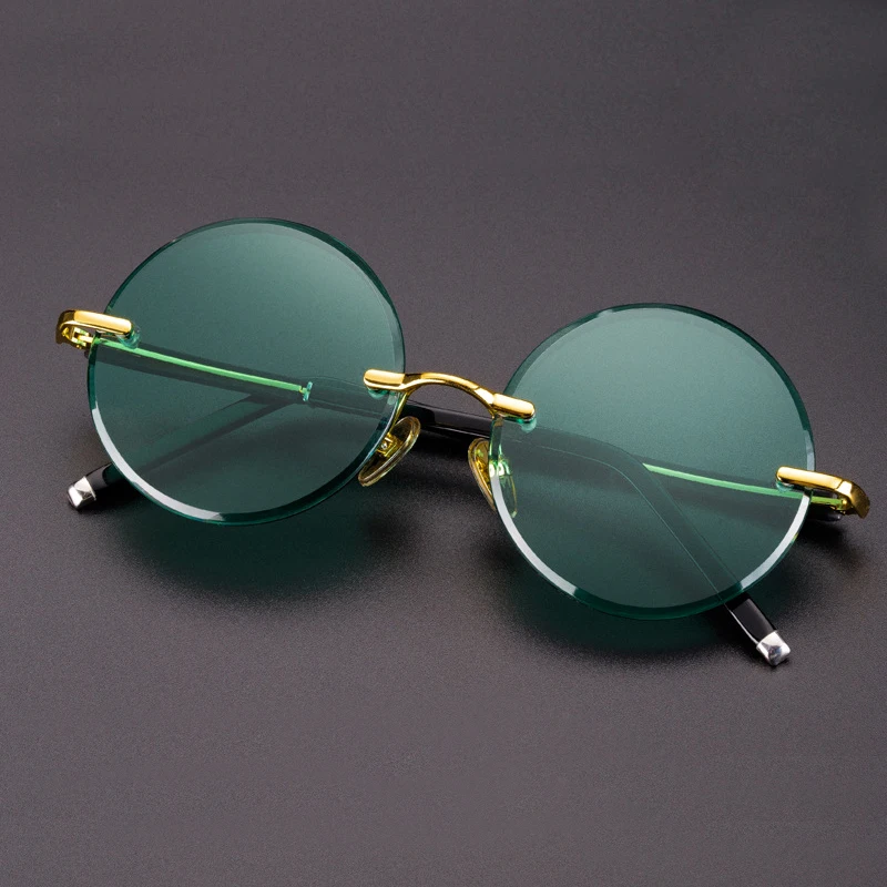 Green Natural Crystal Stone Sunglasses Man Fashion Round Rimless Glass Sun Glasses Woman Mineral Lens Retro Top Quality