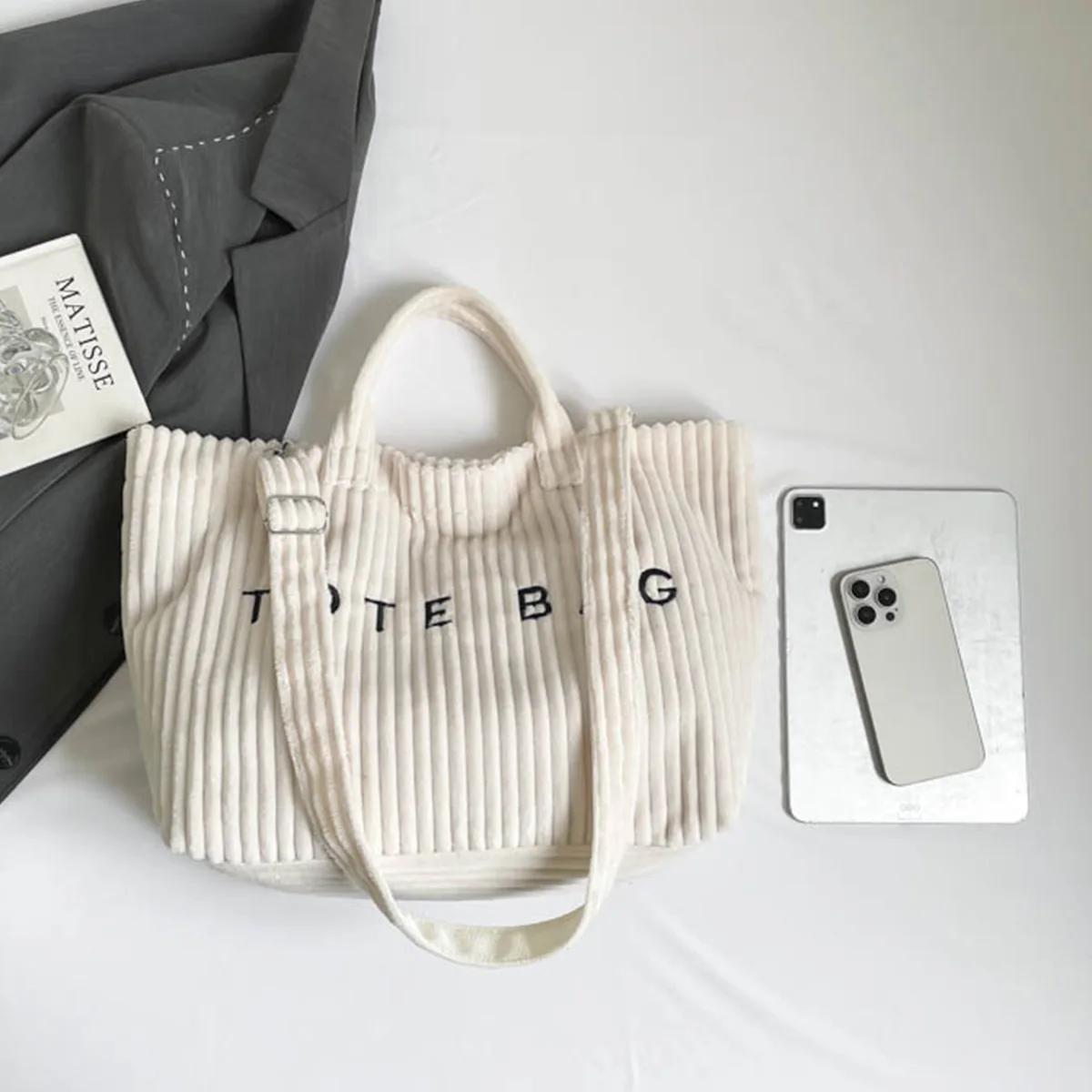 

Многофункциональная минималистичная вельветовая сумка-тоут в полоску с вышитыми буквами на липучке, большой вместительный регулируемый ремень для ежедневных поездок на работу