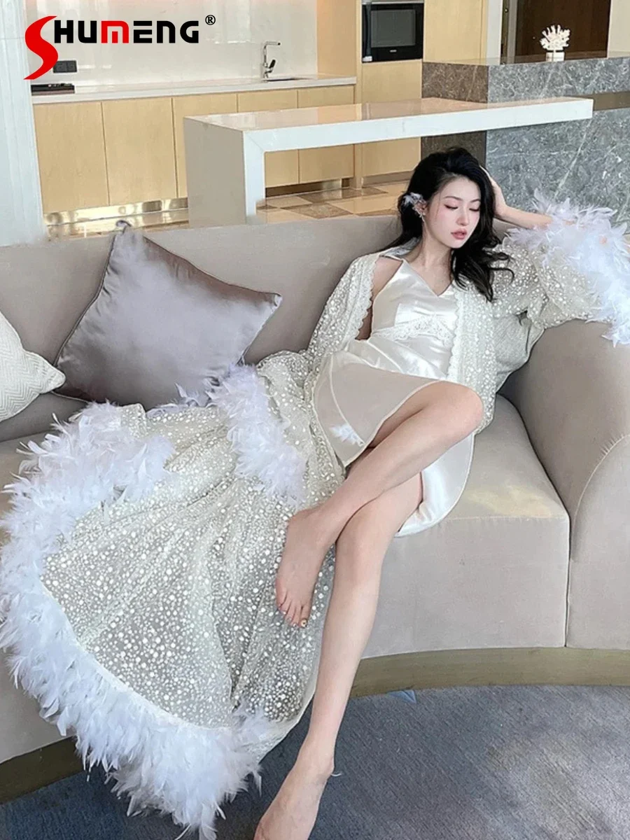 

New Pajamas 2023 Women's Autumn Sexy Sling Solid Color Nightdress Beaded Sequins Feather Long Sleeve Female Loose Gown Sets