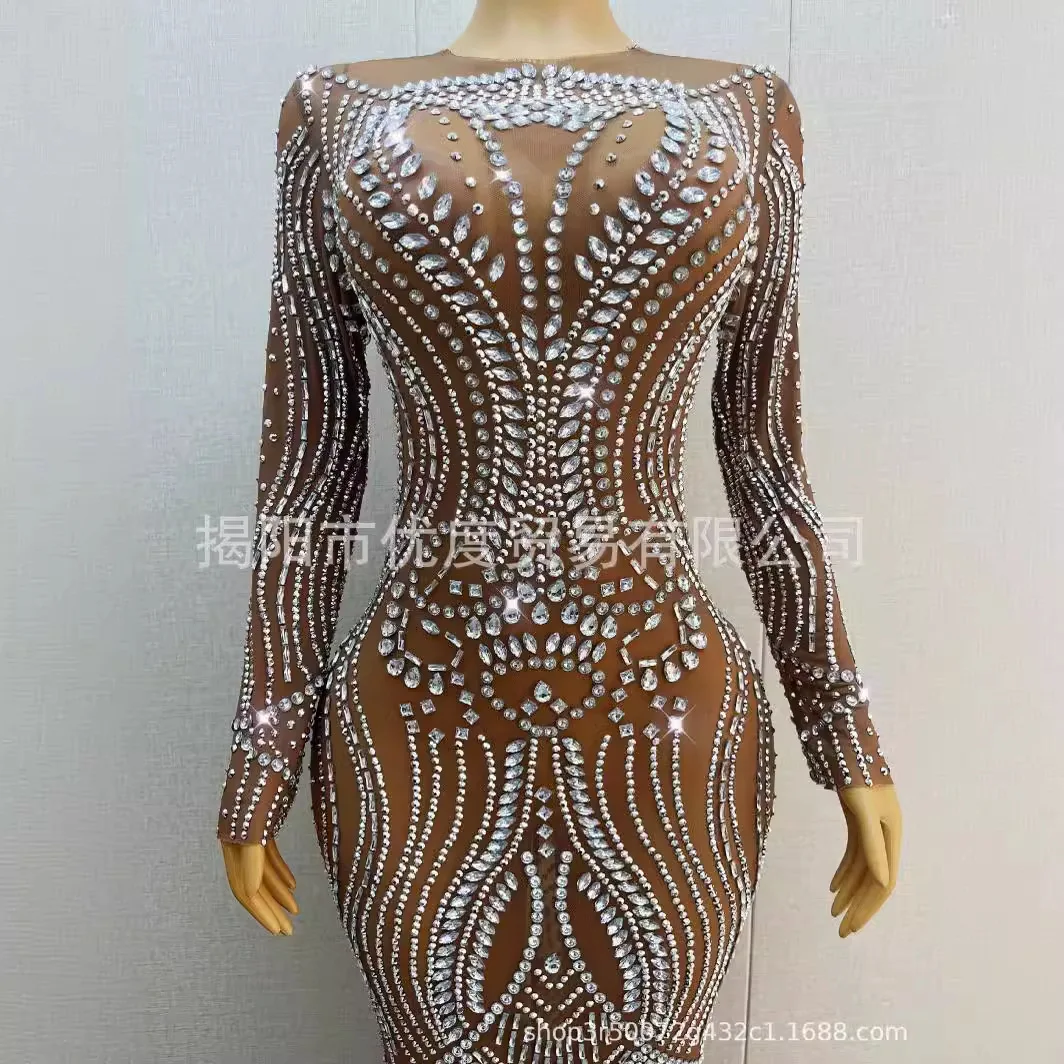 Elegant Crystal Bright Rhinestone Mesh Slim Temperament Dress Cocktail Birthday Party Night Performance Long Dress Frost Leaves