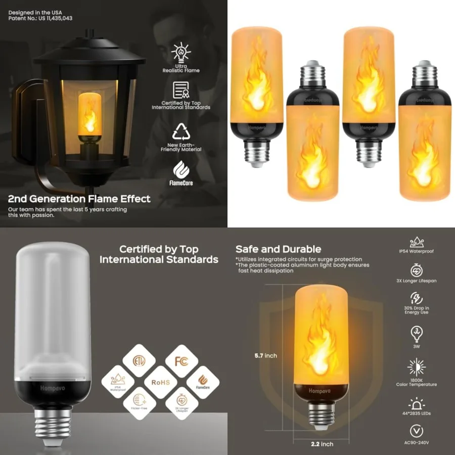 

Gen2 LED Flame Light Bulbs, Like Real Fire 4-Mode Flickering Light Bulbs with Upside Down Effect, E26 Flame Bulb for Halloween