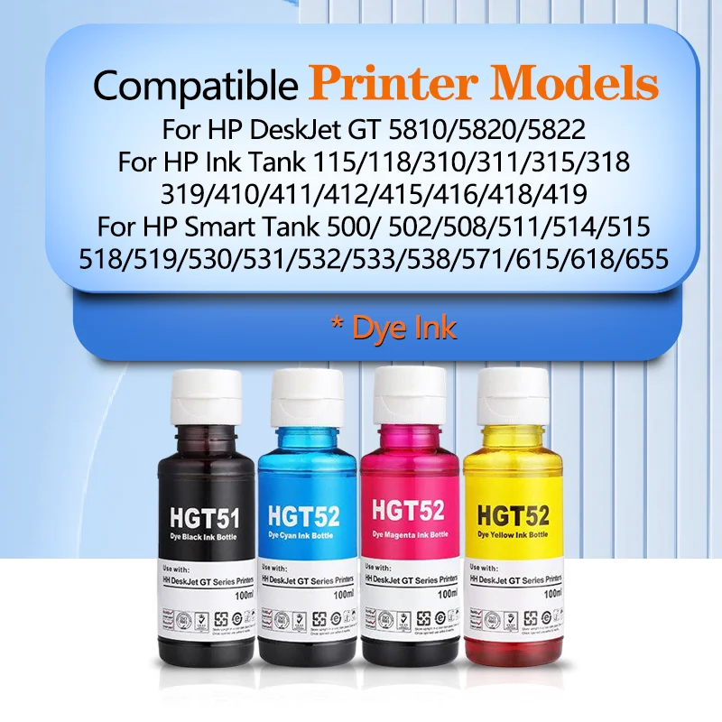 100ML GT53 GT52 Refill Ink For HP GT51 GT52 GT53 For HP 115 118 310 410 415 500 515 518 530 750 790 GT5810 GT5820 T5810 Printer