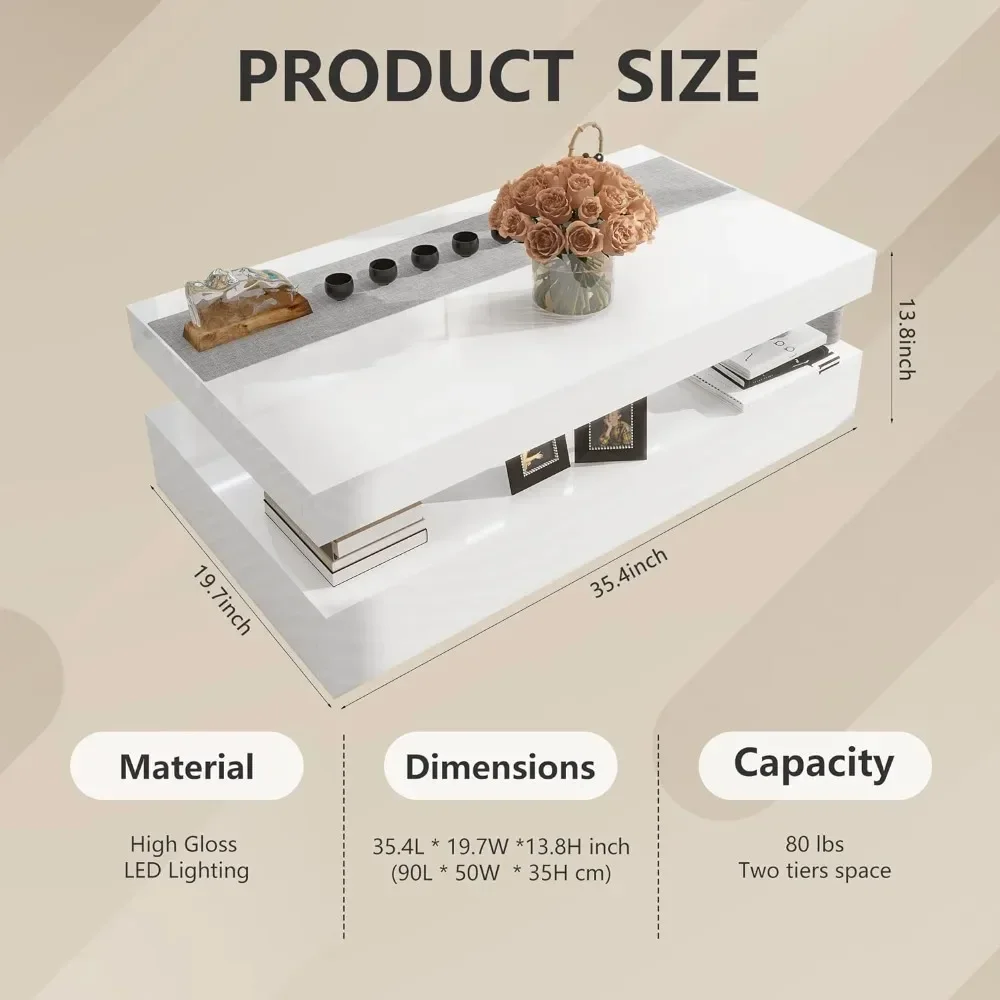Rectangular Coffee Table With Remote Control High Gloss Modern Coffees Table With RGB LED Light White Coffee Tables