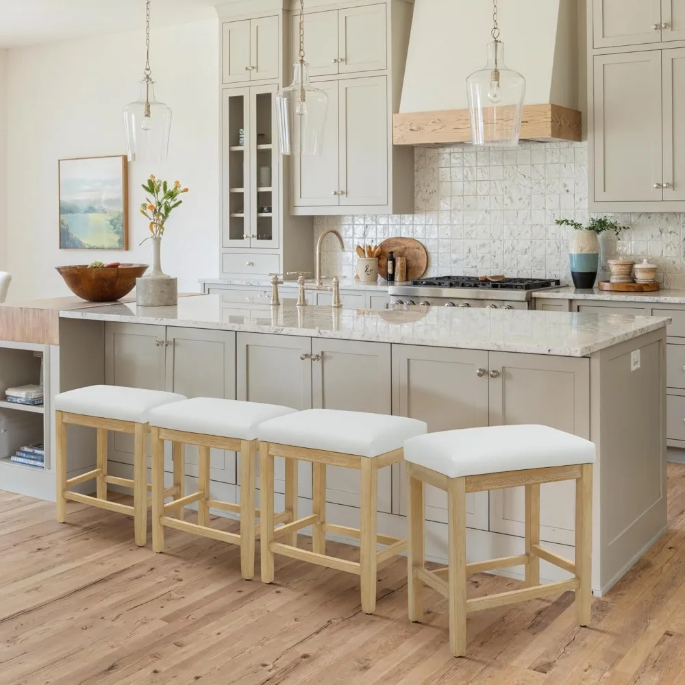 Juego de 4 taburetes de bar blancos con altura de mostrador, estilo moderno de granja, sin respaldo con tapicería de piel sintética