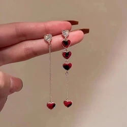 New Trendy Love Heart Zircon Tassel Earrings For Women Shiny Crystal Long Chain Asymmetric Dangle Earring Girl Party Jewelry