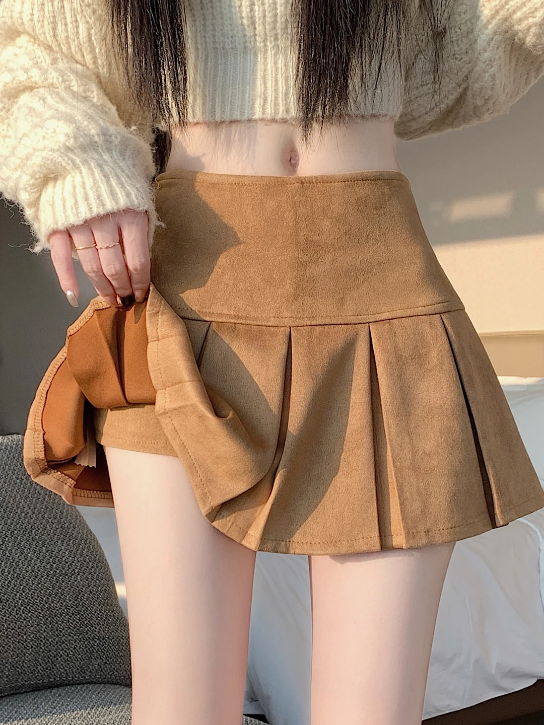 

Женская плиссированная юбка А-силуэта из замши с защитой от просвечивания, весна-осень 2026, новая модель, с высокой талией, для повседневной носки, из полиэстера, эластичная.