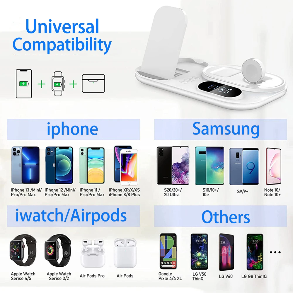 3 in 1 Wireless Charger RGB Stand 30W Qi Fast Charging With Time Display Dock For iPhone 14 13 12 Apple Watch 7 6 /AirPods Pro