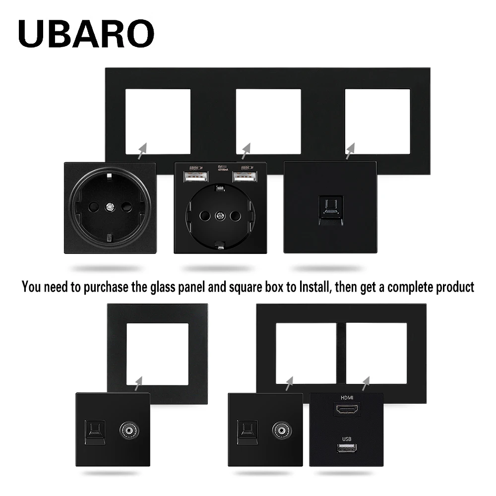UBARO EU Standard Multi Size USB TV Computer Socket Touch Switch With Tempered Glass Frame Accessory Installation Black DIY Part