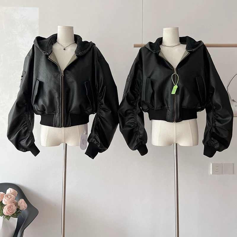 Winter Two Way Wear Warm Coats Black Gothic Leather Patchwork Motorcycle Jacket Hooded Jackets Chic Parkas Female Outerwear