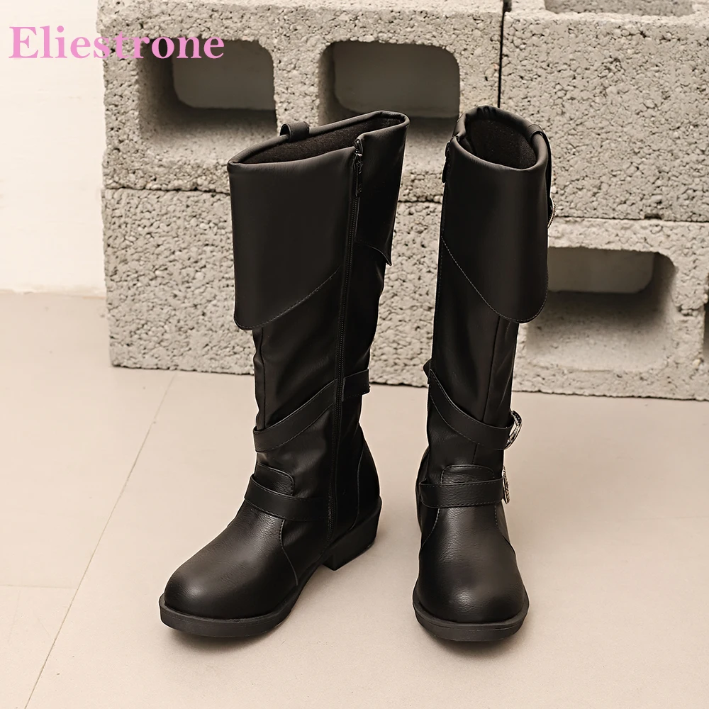 

2025 Новые зимние модные черные коричневые женские ботинки до середины икры с круглым носком и низким блочным каблуком, женская обувь плюс большой размер 12, 42, 45, 48