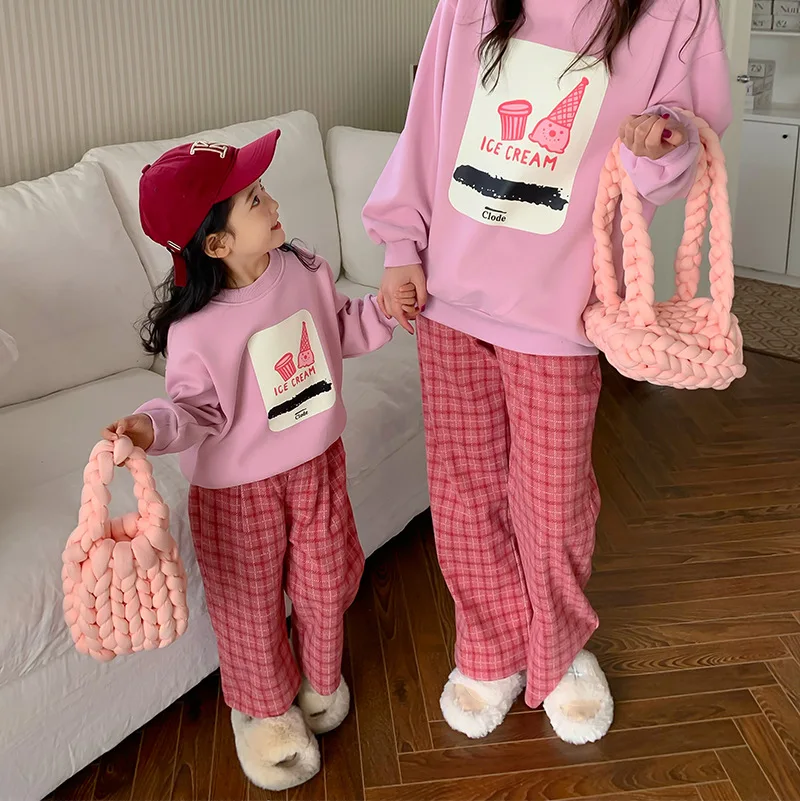 Mother And Daughters Clothes 2023 Winter Fashion Mom And Me Clothing Sets Baby Girl Warm Sweatshirt+Pants Set Women Pink Outfits