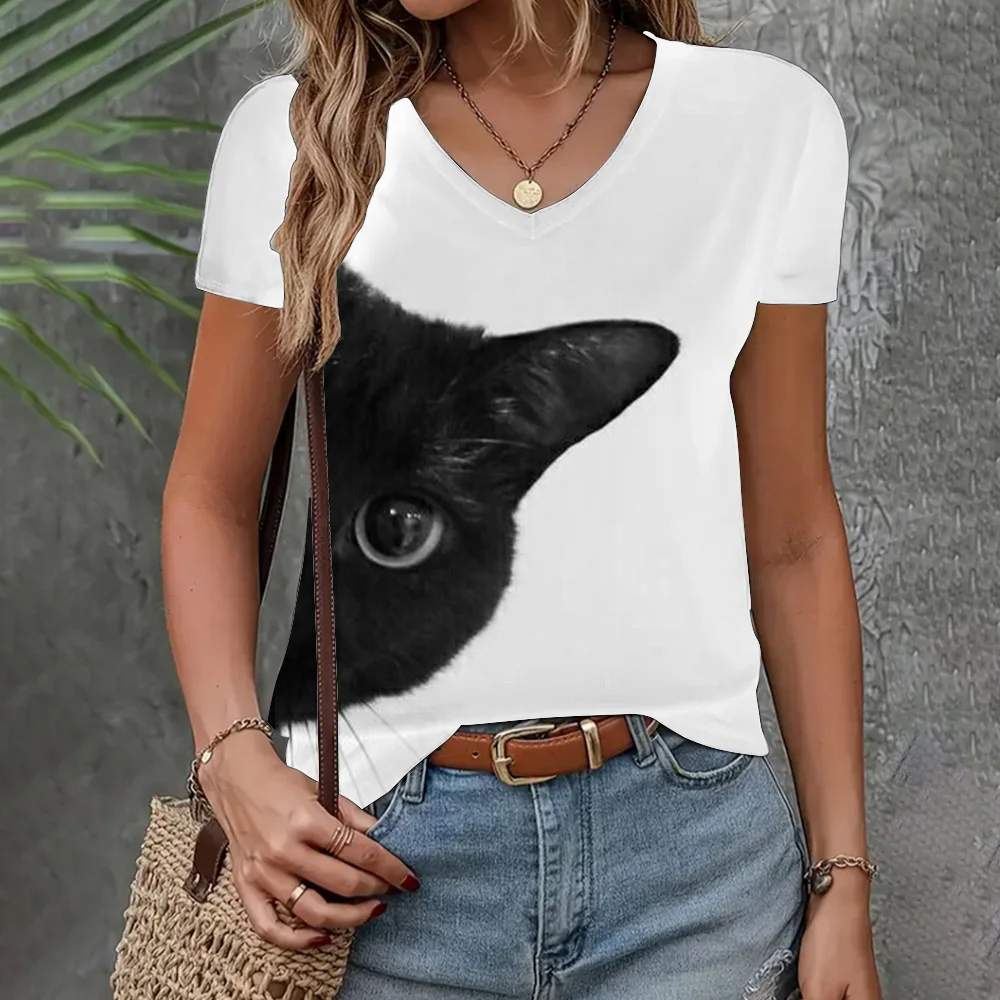 

New Women's V-Neck T-Shirt Summer Fashion Clothing 3D Cat Print Top Loose Casual Short Sleeve Women's Elegant T-Shirt Clothing