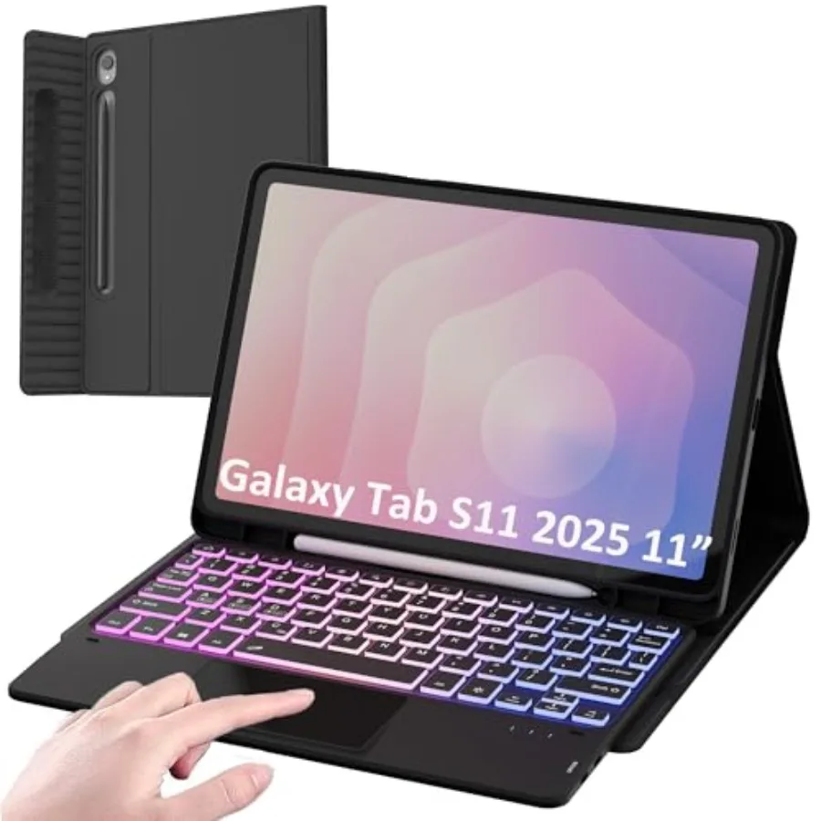 

Чехол-клавиатура для Samsung Galaxy Tab S11 2025 11: из искусственной кожи, черный, с 3-зонной подсветкой, трекпадом, съемный, беспроводной